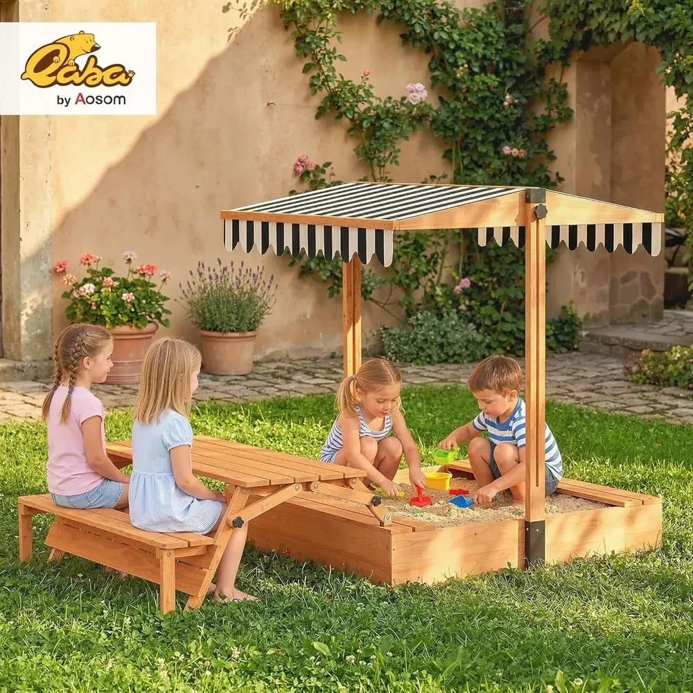 Qaba Kids Sandbox with Lid, Wo - огляд і ціна Kids Outdoor Bench Table
